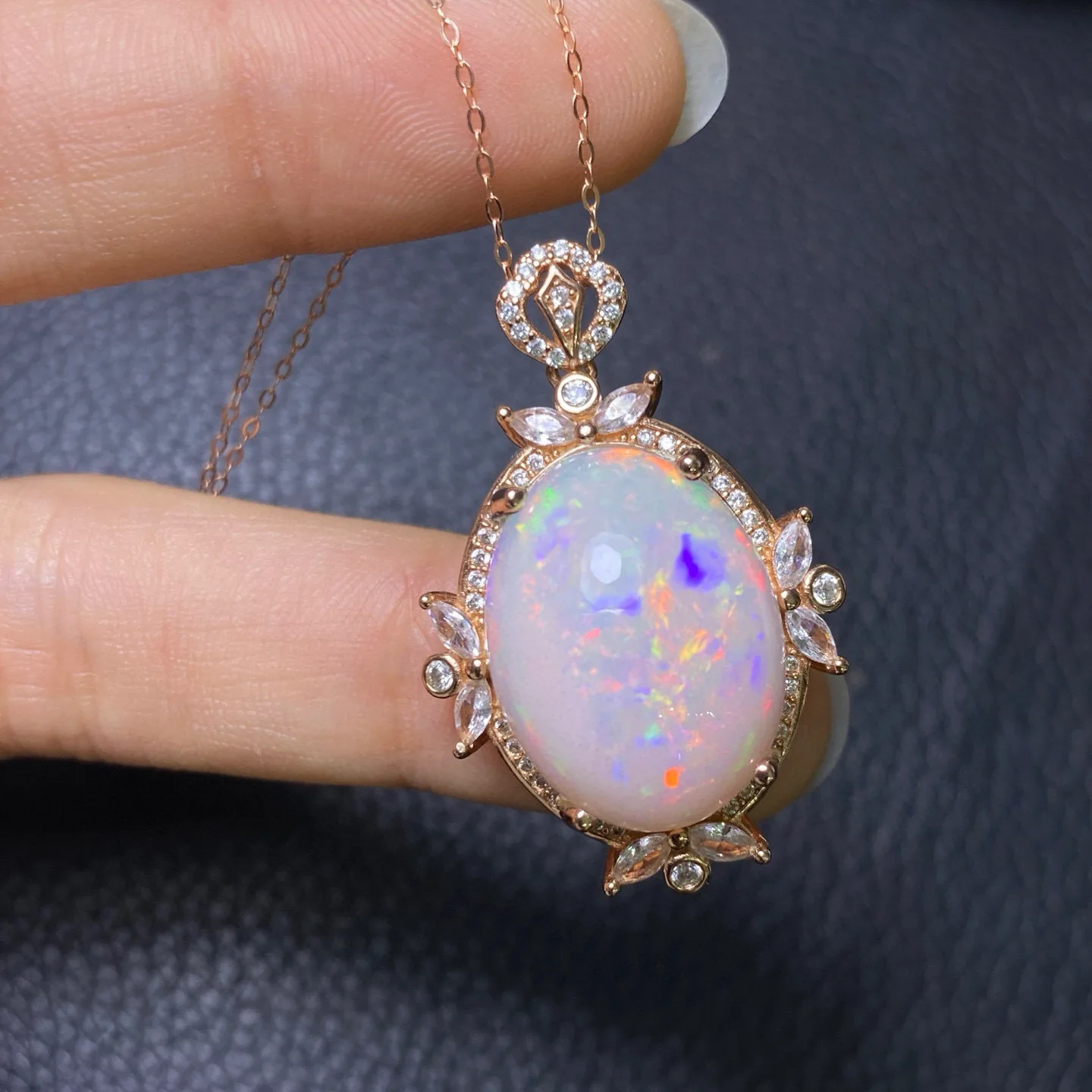 Large Natural Opal Pendant Necklace S925 Silver Rose Gold Plated Oval 15*20mm Marquise Zircon Vintage Women Jewelry Gift