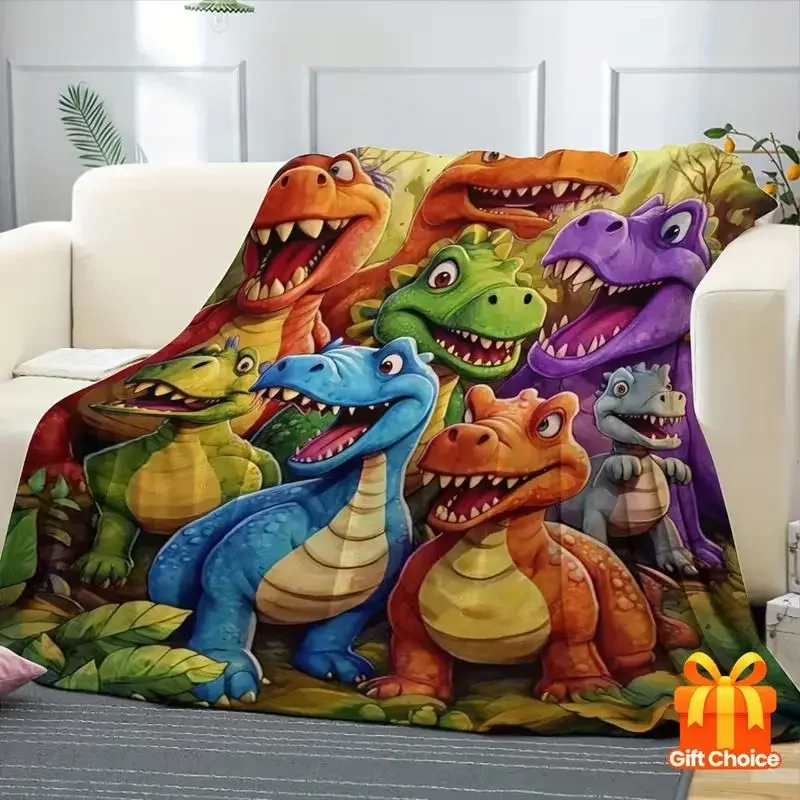 VIKAMA Cartoon Dinosaur Flannel Throw Blanket Colorful T-Rex Jungle Print Soft Warm Blanket Kids Bedroom Sofa Decor Gift