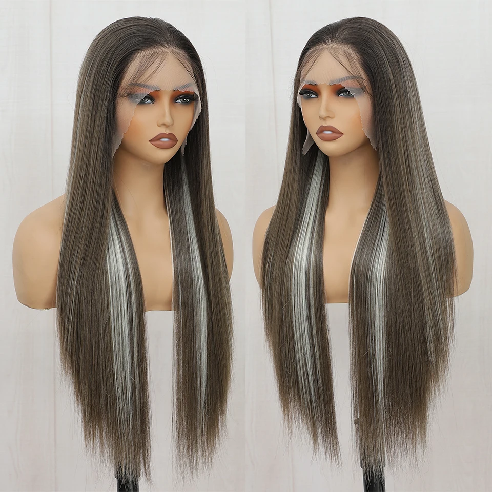 Wig 13x4 Wig depan renda sintetis lurus Wig warna coklat campur pra pencabutan untuk wanita Wig Frontal 30 inci telinga ke telinga