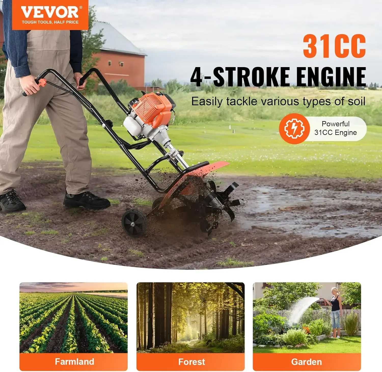 Tiller Cultivator, 31CC 4-Stroke Garden Cultivator, Tiller with 4 Steel Adjustable Front Tines for Lawn, Garden and Field Soil