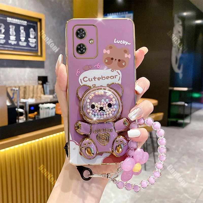 G54 Lucky Bear Holder Bracelet Plating Phone Case For Motorola Moto G54 G53 G52 G50 G42 G40F G73 G32 G82 G60S G72 G84 G30 Cover