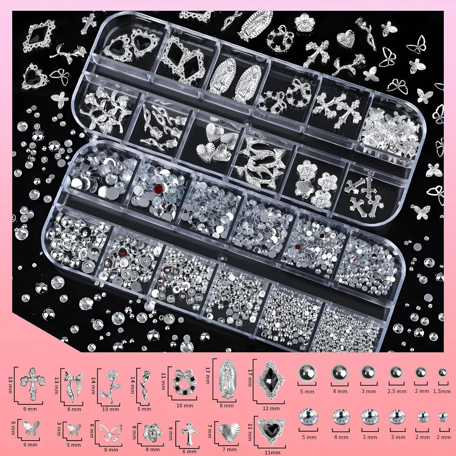 4 Box Nail Rhinestones Set, Silver Color Nail Jewelry, 3D Cross Heart Flat Backs, DIY Nail Art Accessories, Resin & Metal Charms view 3