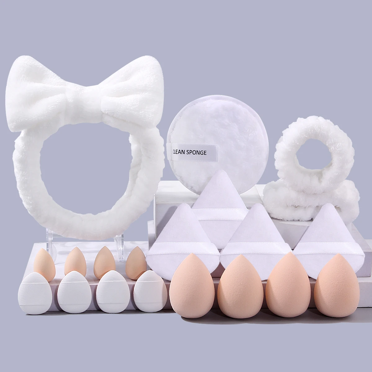 Ensemble professionnel de nettoyage et de maquillage du visage, 20 pièces, dragonne + éponge bouffante de poudre d'œuf + grande bouffée de lavage du visage