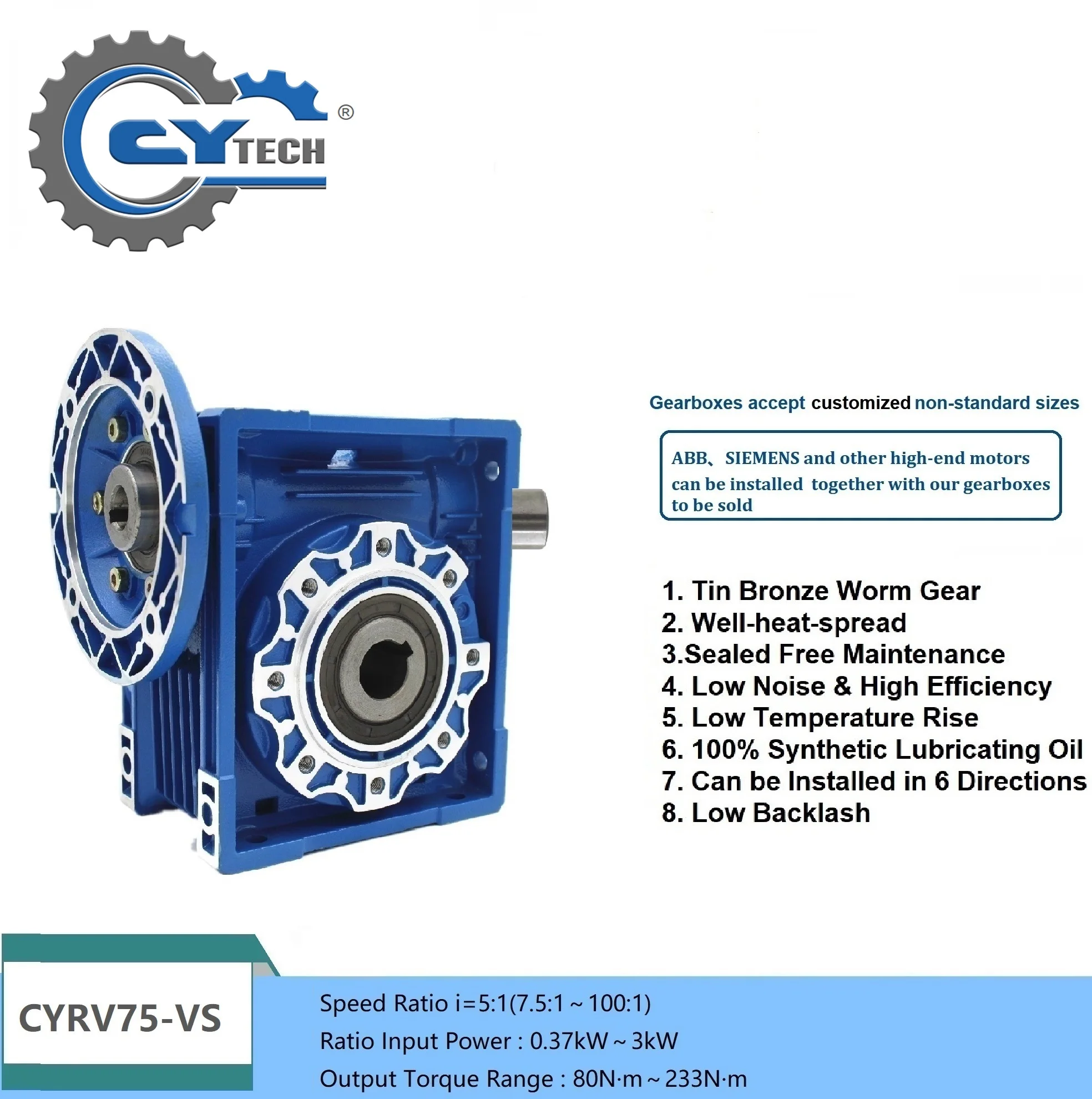 CHENYUE Worm Gearbox NMRV Gear reducer CYRV-VS 075 Input 14/19/24/28mm FL 71B5/80B14/90B14/100B5 Output28mm Ratio 5-100