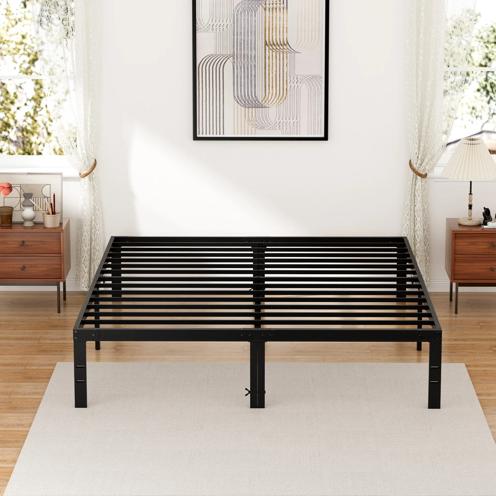 MCQ Basic Bed Frame Metal Platform with Storage Sturdy Steel Slat Support All Size Bedroom Bed 350LBS Capacity For Home