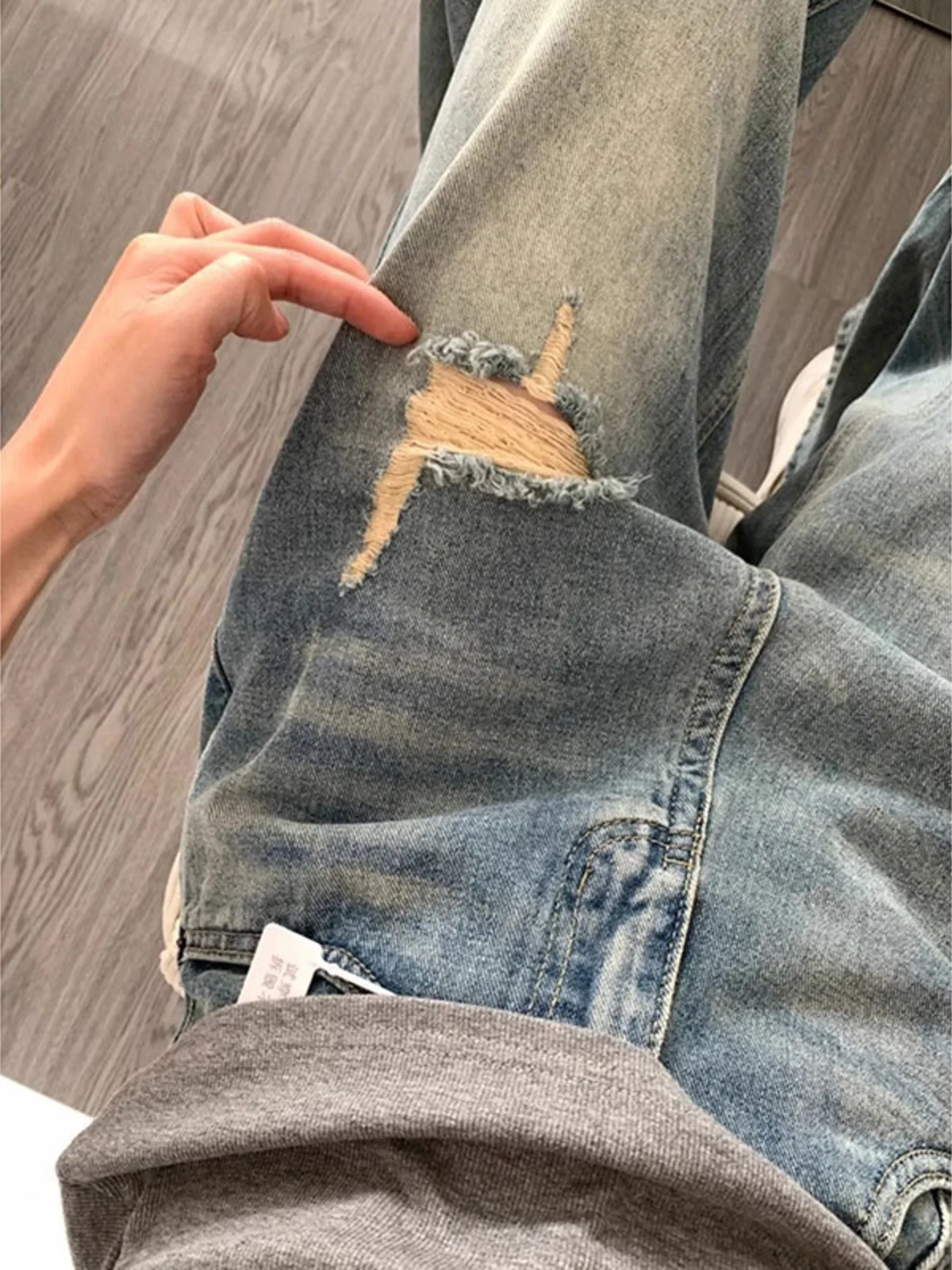 Women's Wide Leg Jeans High Waist Distressed Ripped Gradient Wash Baggy Vintage Denim Pants Y2K Streetwear