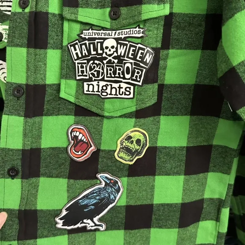 Goth green checkered graffiti versatile personality men long sleeve shirt American Harajuku fashion pullover loose couple top