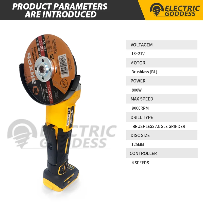 Brushless 100/125mm Cordless Angle Grinder 4 Gear Grinding Machine Polishing Cutting Woodworking Tool for Dewalt 20v Battery Pin