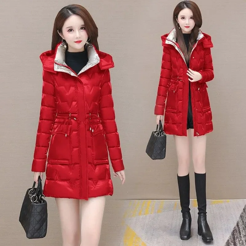 2025 الخريف الشتاء سترات المرأة أسفل معطف مبطّن بالقطن معطف طويل الكورية مقنعين الدافئة يندبروف سترة منفوخة