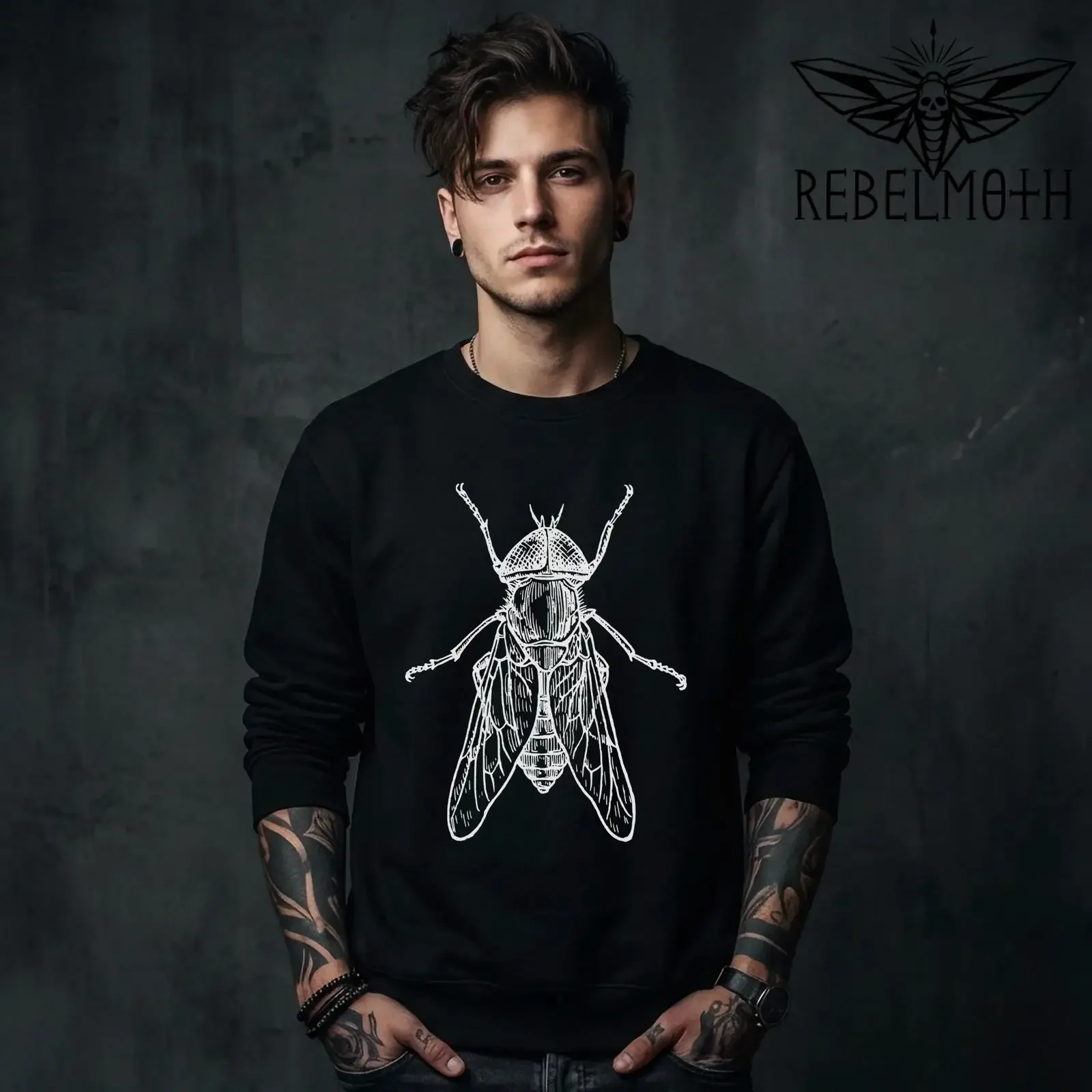 Man wearing Black crewneck sweaT T Shirt with vintage house fly insect illustration graphic in white line art bug vintage