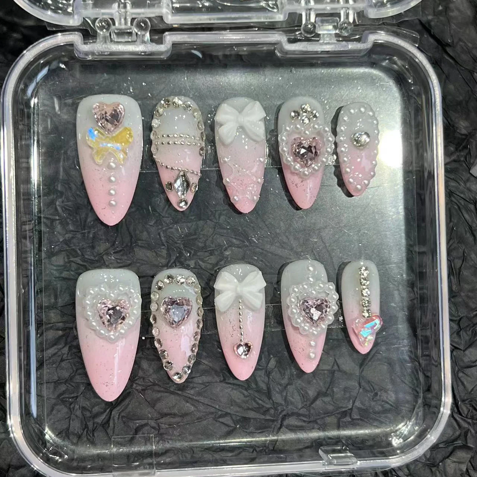 

10pcs Gradient Pink Press on Nails with 3d Rhinestone Bow Pearls Design Fake Nails for Bride Wearable Sweet Korean False Nails