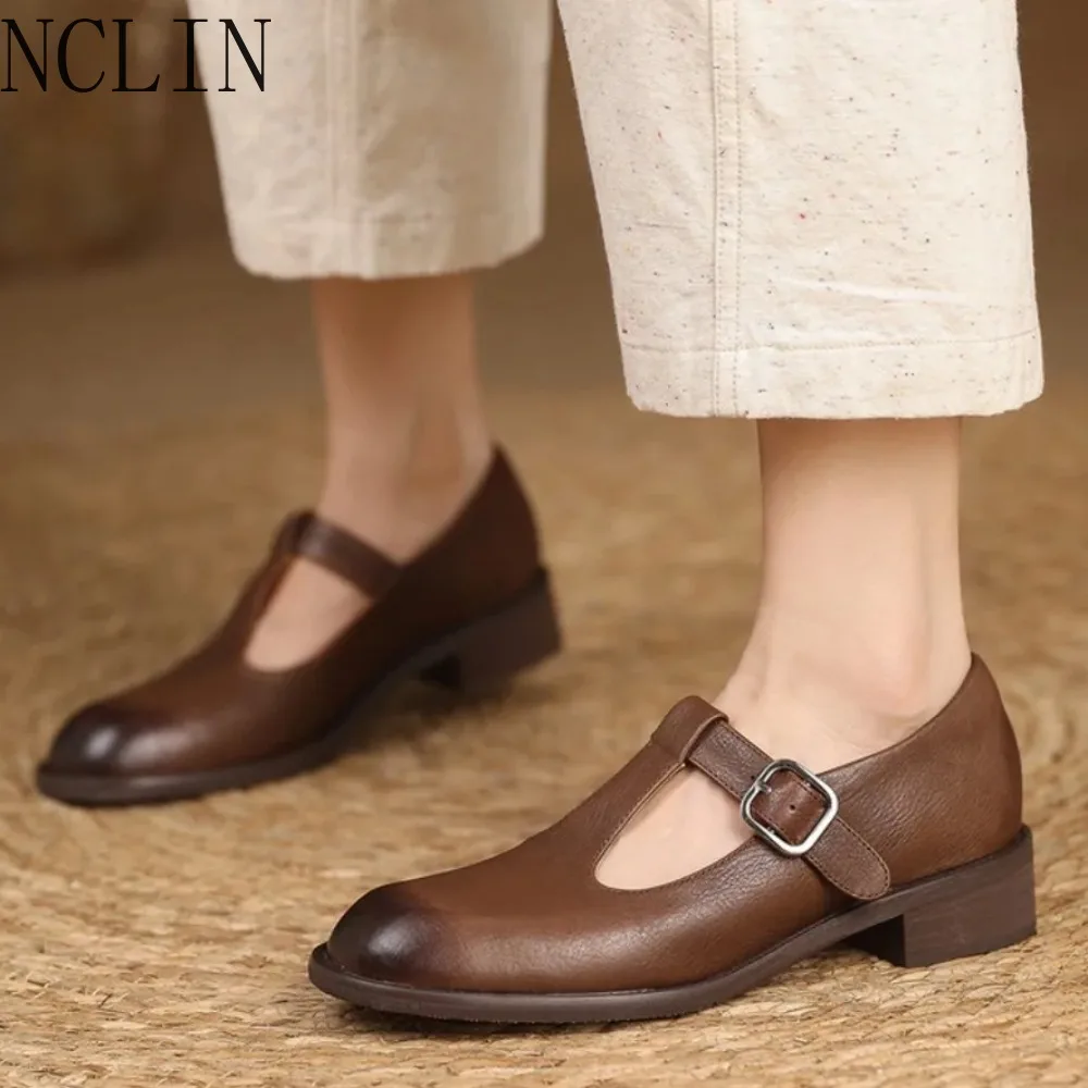 Black Genuine Leather T-Strap Mary Jane Shoes Women Low Heel Round Toe Retro Comfy Casual Pumps