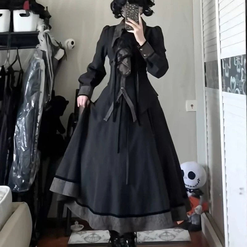 Japanese Vintage Dark Gothic Lolita 2 Piece Set Women Sweet Slim Sheep Leg Sleeve Shirt High Waist Long Skirt Fashion Y2k Outfit