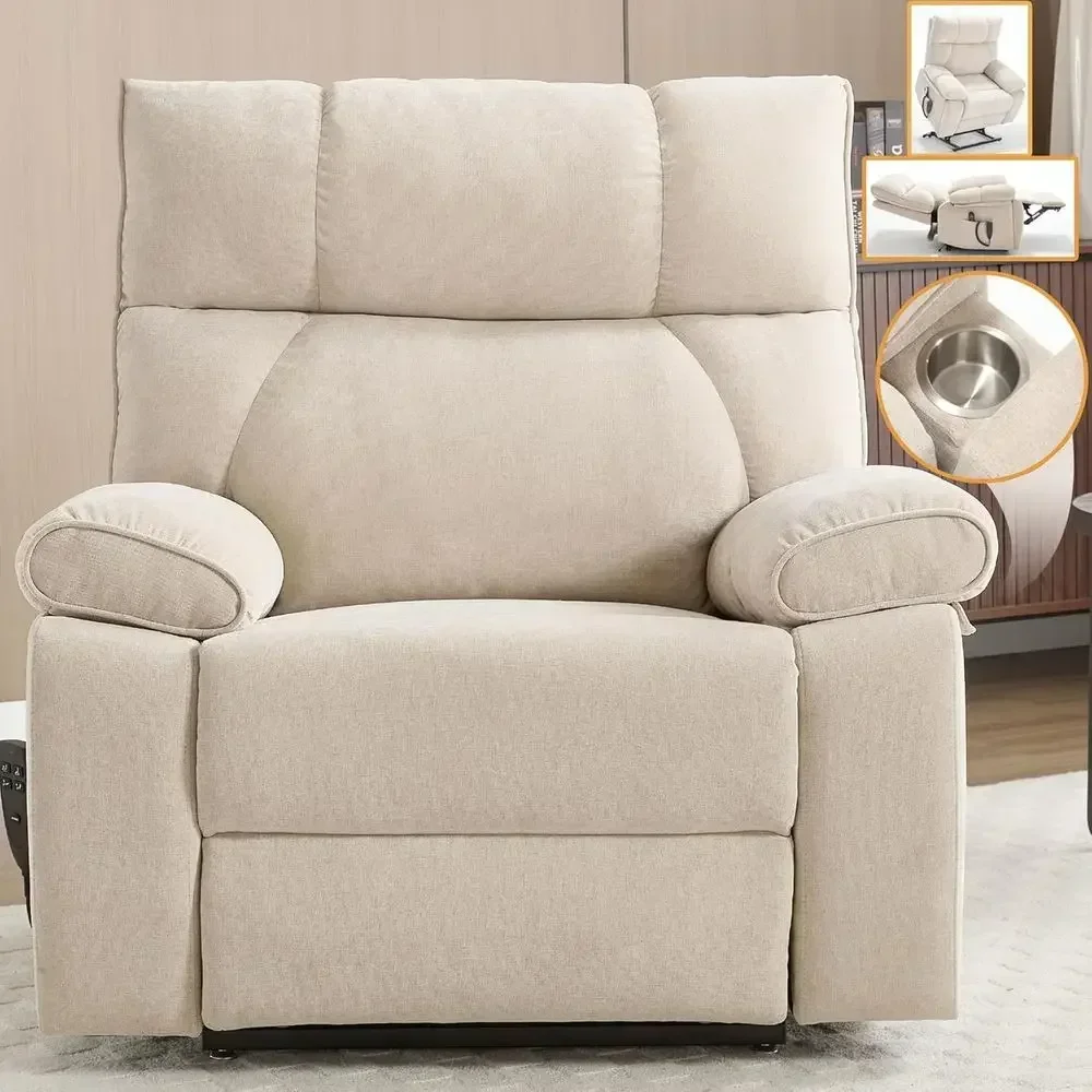 

Oversized Dual Motor Recliner with Massage, Heat and Cup Holders in Beige Chenille