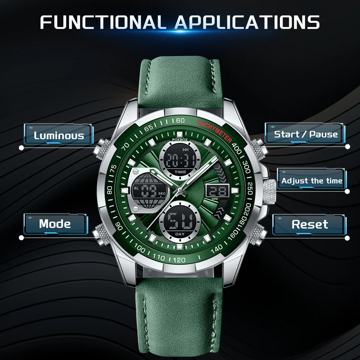 أزياء رجالي ساعات فاخرة حزام من الجلد الأعمال كوارتز ساعة اليد الرياضة في الهواء الطلق للماء رجل ووتش LED عرض مزدوج على مدار الساعة