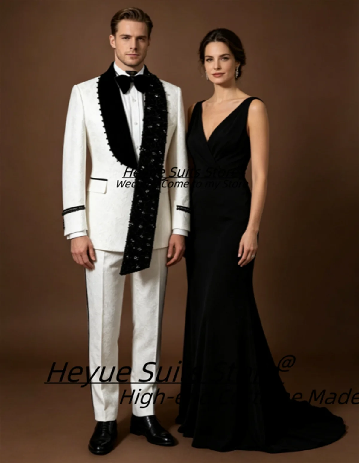 Luxury White Jacquard Men Suits Customized Black Sequin Beaded Shawl Lapel 2 Pieces Sets Male Party Blazers Prom Costume Homme