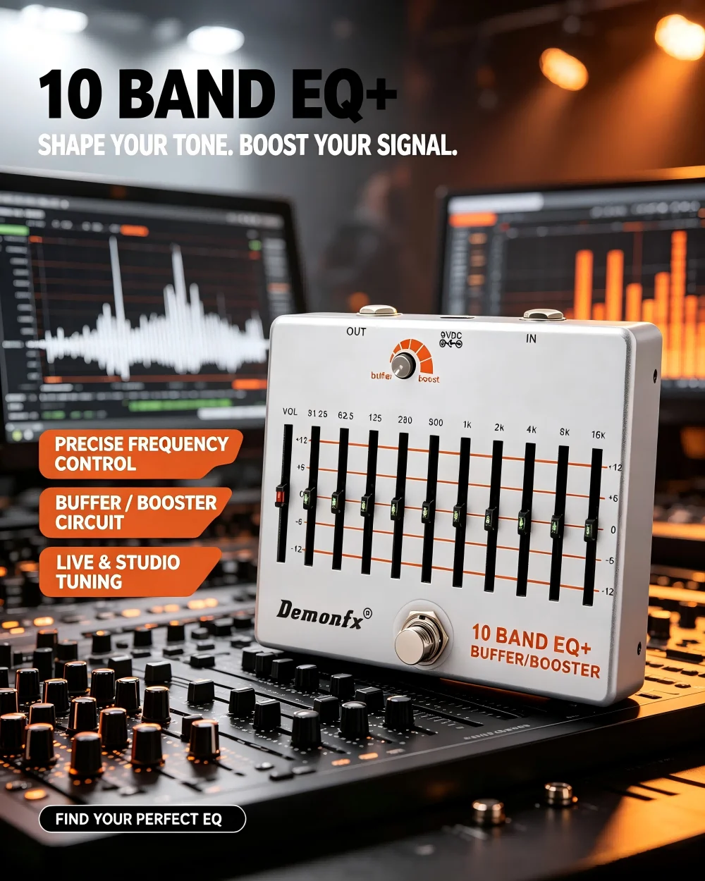 DEMONFX 10 Band EQ Guitar Effect Pedal -Ten Band Graphic Equalizer Booster And Buffer True Bypass for Electric Guitar Effects
