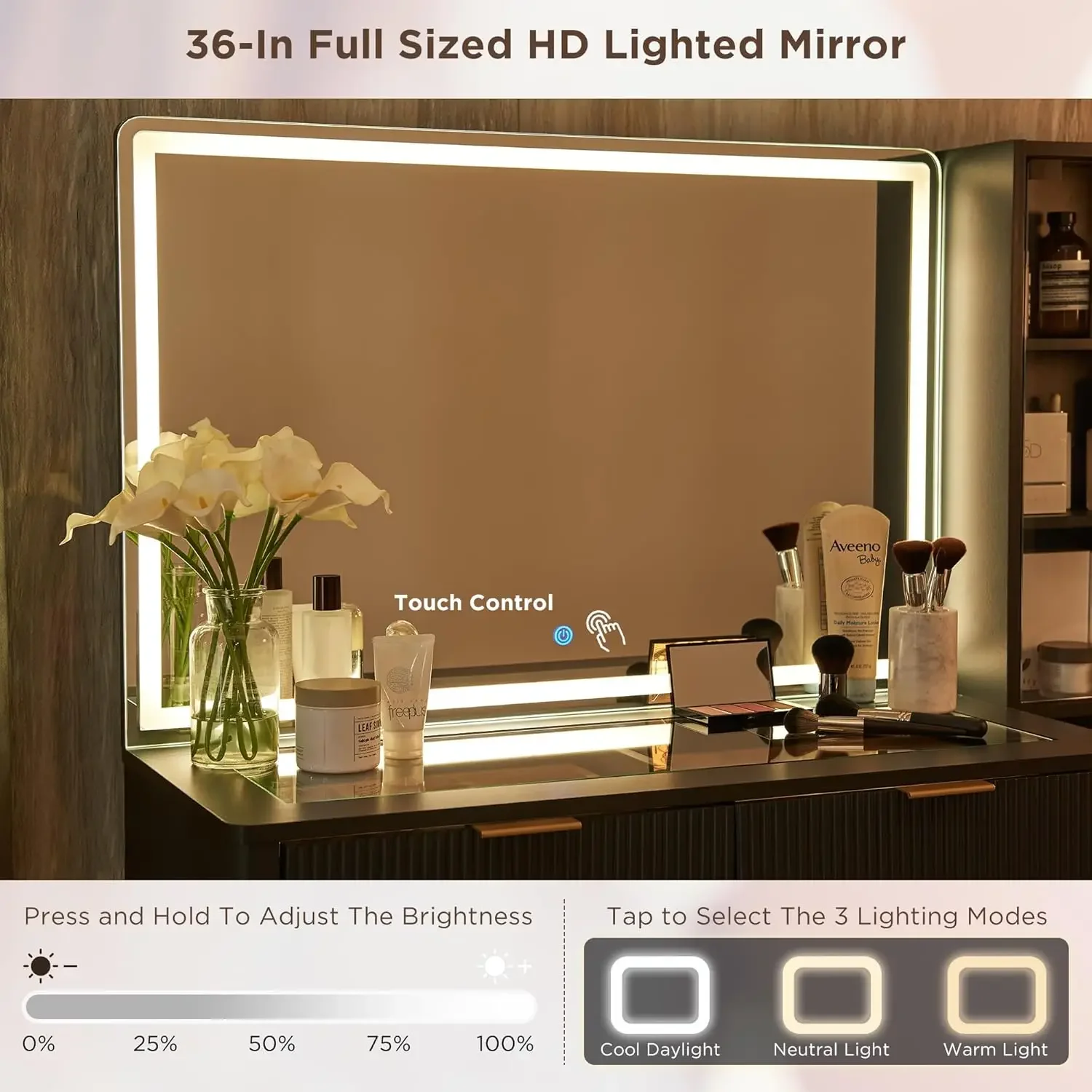 Vanity Desk with 36" HD Lighted Mirror, 48" Big Modern Vanity Desk with Mirror and Lights, Dressing Table with 5 Drawers