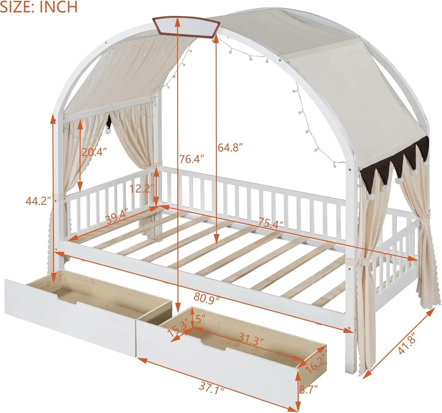 Kids Bed With Storage Drawers And Light, Twin Size Tent Bed With Curtain, Wood Montessori Bed Frame With Roof For Girls Boys