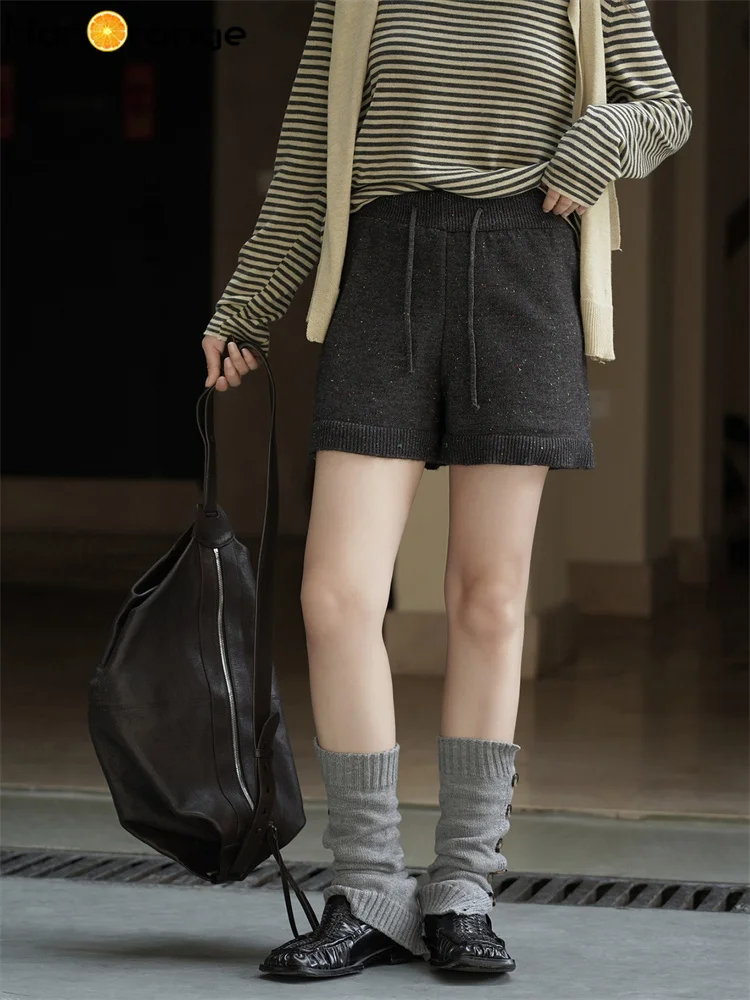 HanOrange 2025 가을 레트로 패션 신축성 있는 허리끈 니트 반바지 여성 반바지 연회색/진회색