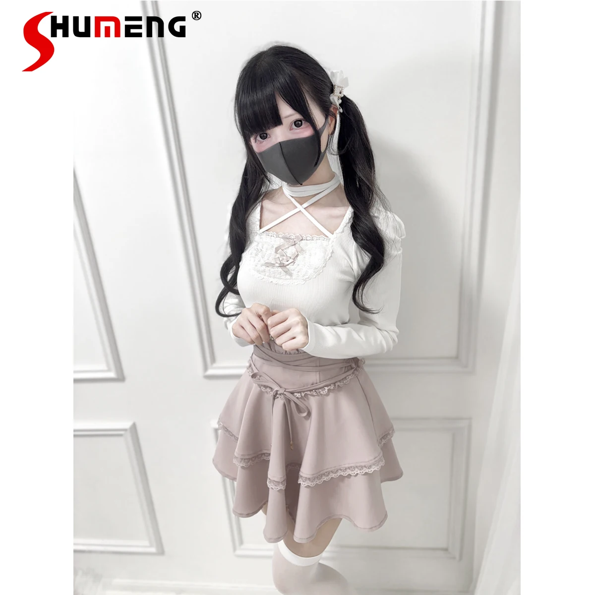 

Japanese Mines Style Mass-Produced Lace-Up Square Neck Lace Bow Long Sleeve Slim Sweet Versatile Knitted Shirts Top Women Autumn
