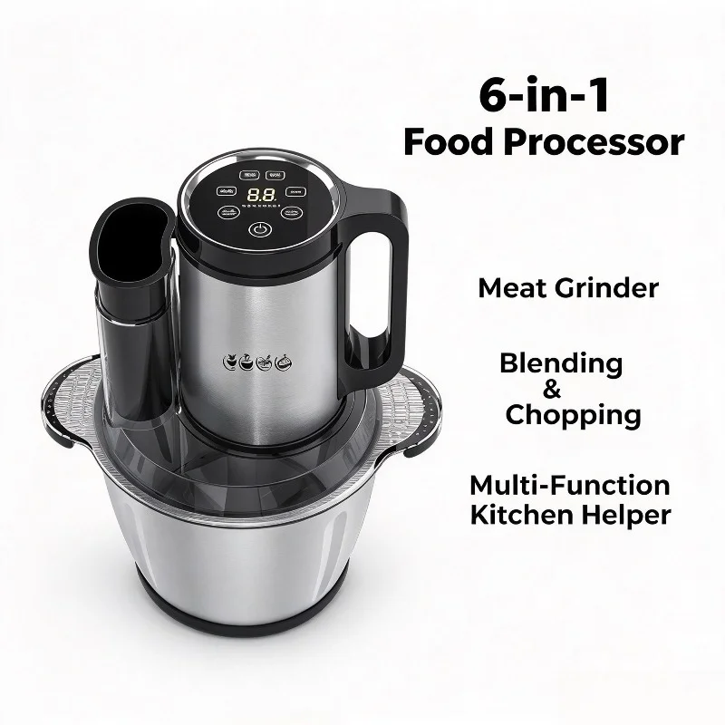 6-in-1 Electric Food Processor, Stainless Steel Bowl Meat Grinder, Multi-function Mixer for Mincing, Whipping, Slicing, Chopping