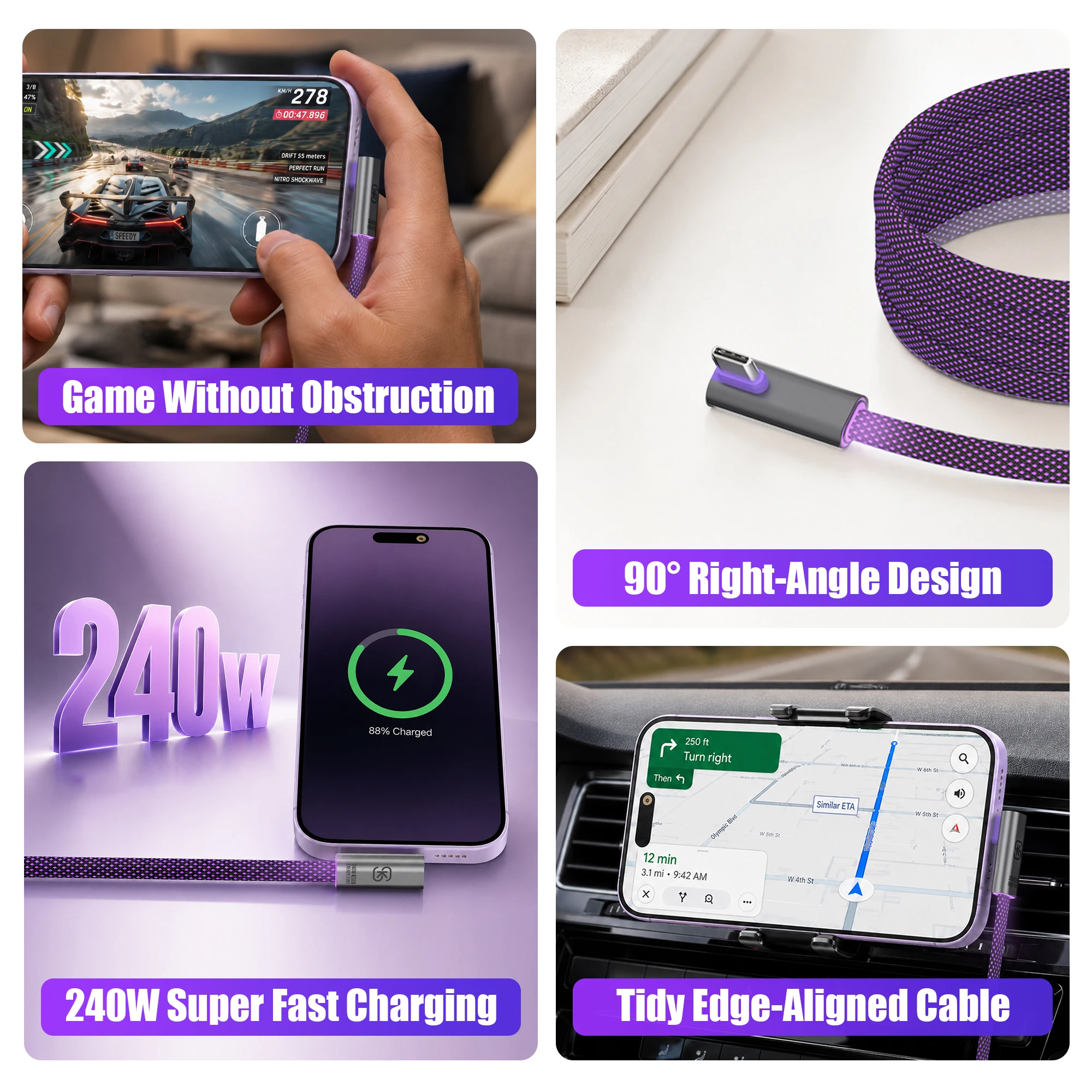 240W USB C Cable 90° Right Angle Type C to Type C PD3.1 Fast Charging Cord 480Mbps Data Tranfer Braided Gaming Cable 1.2m 1.8m
