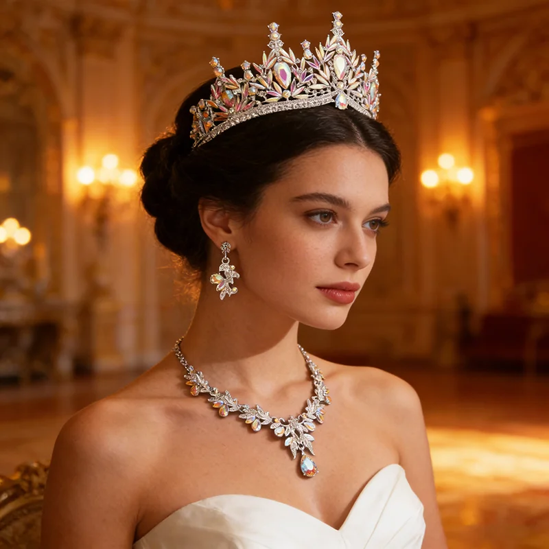 Prinzessinnen-Brautschmucksets für Frauen Hochzeitskleid Krone Diademe und Choker-Halskette Ohrringe für Bräute Party Geburtstag