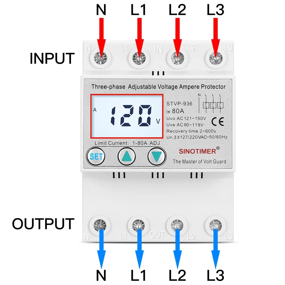 3 Phase Adjustable Over Under Voltage Protector Current Limit Production Automatic Recovery 220V AC 80A Protective Device 60Hz