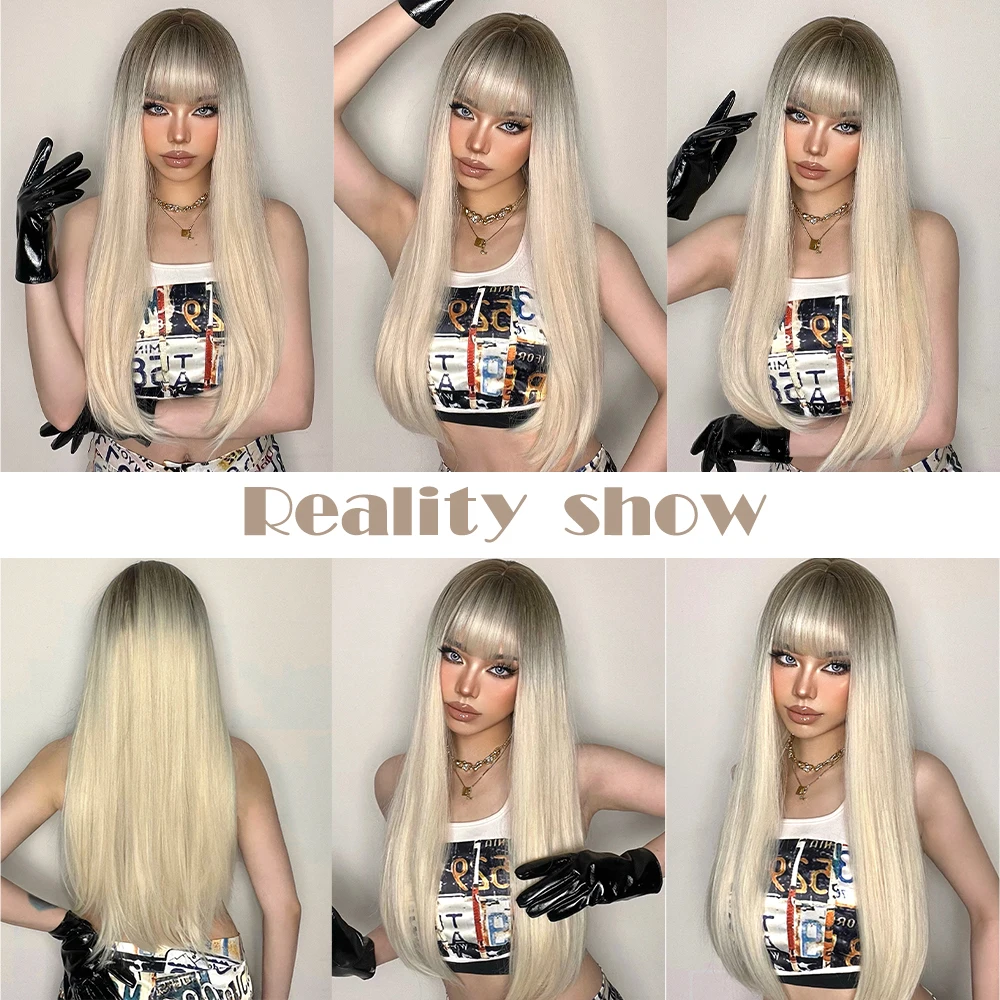 ALAN EATON Blonde Straight Synthetic Wigs Long Ombre Dark Roots Wigs Smooth Blonde Hair with Bangs Natural Looking Daily Party