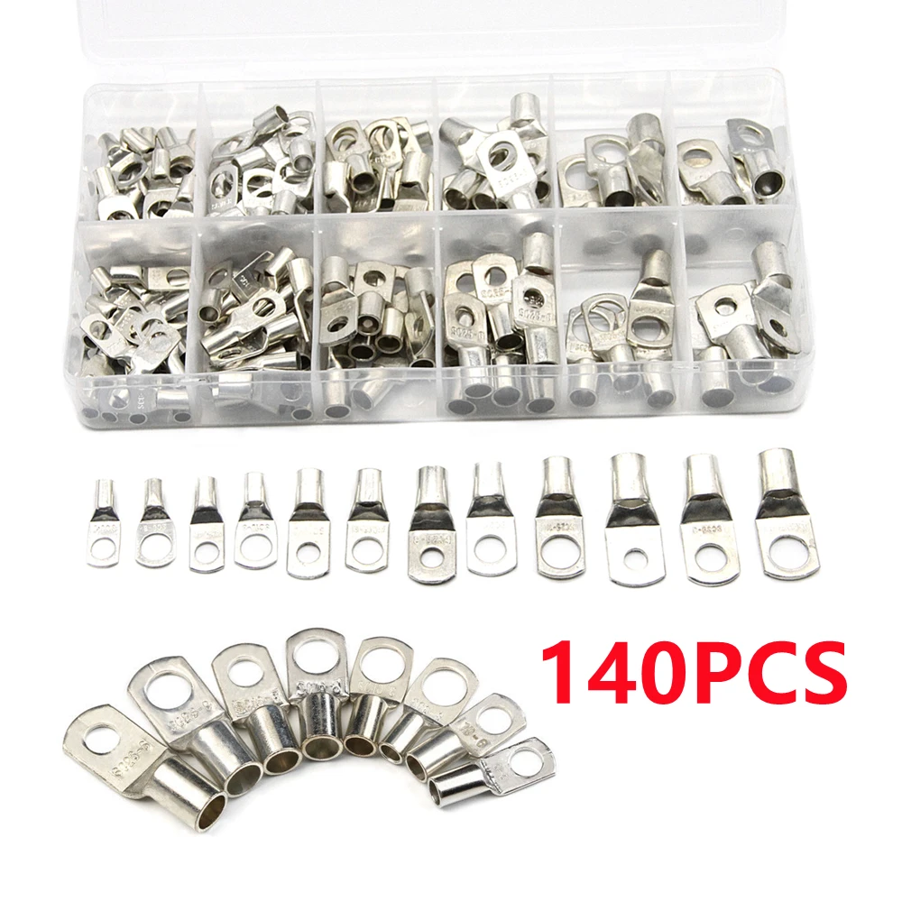 140PCS SC Bare Copper Cable Lugs Ring Seal Wire Connectors Cable Battery Crimp Soldered Terminals Kit Suit SC10-6 SC16-8 SC25-8