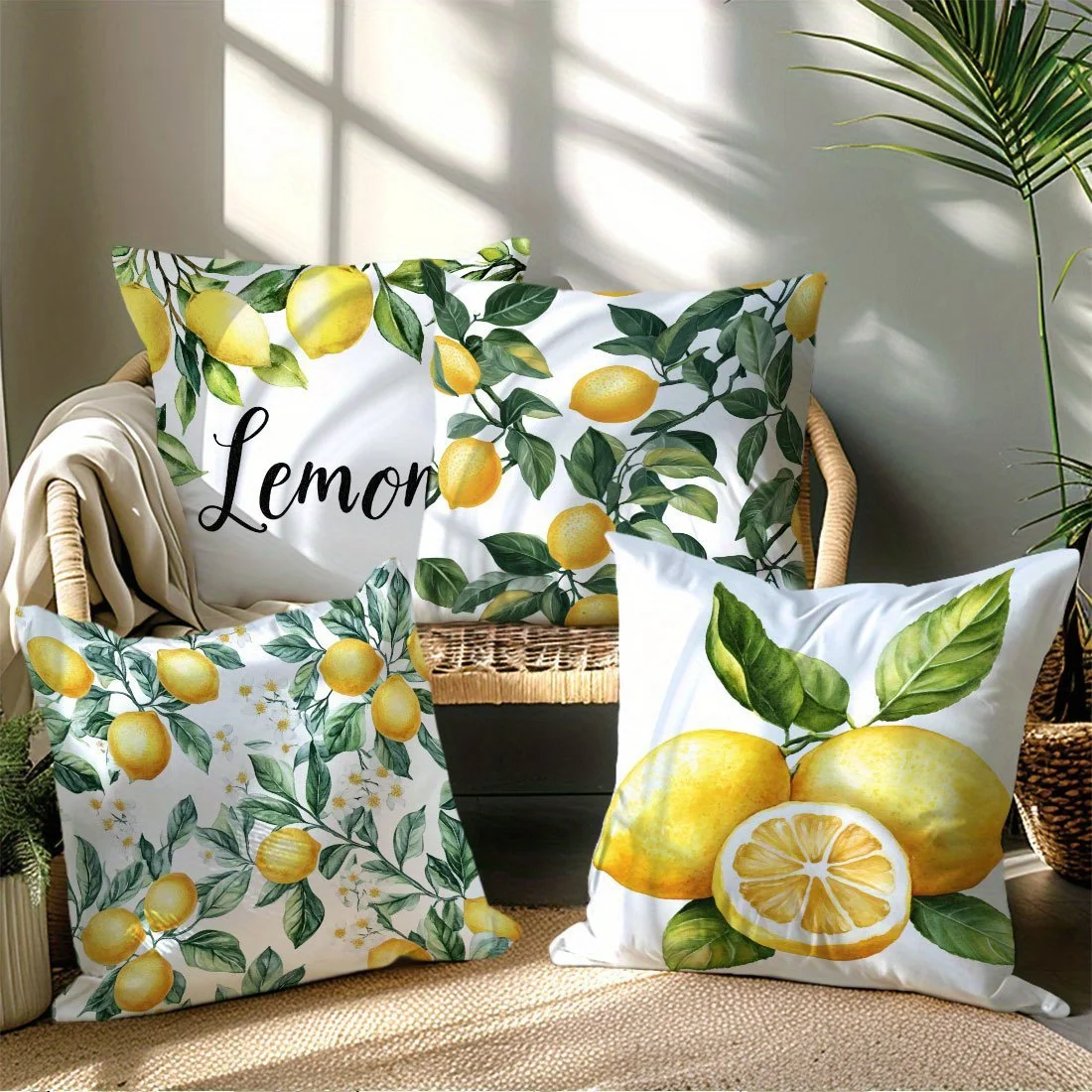 Vibrant Lemon Print Pillow Covers Set 4 Piece Botanical Throw Cushions Polyester Home Decor Accent for Living Room Bedroom
