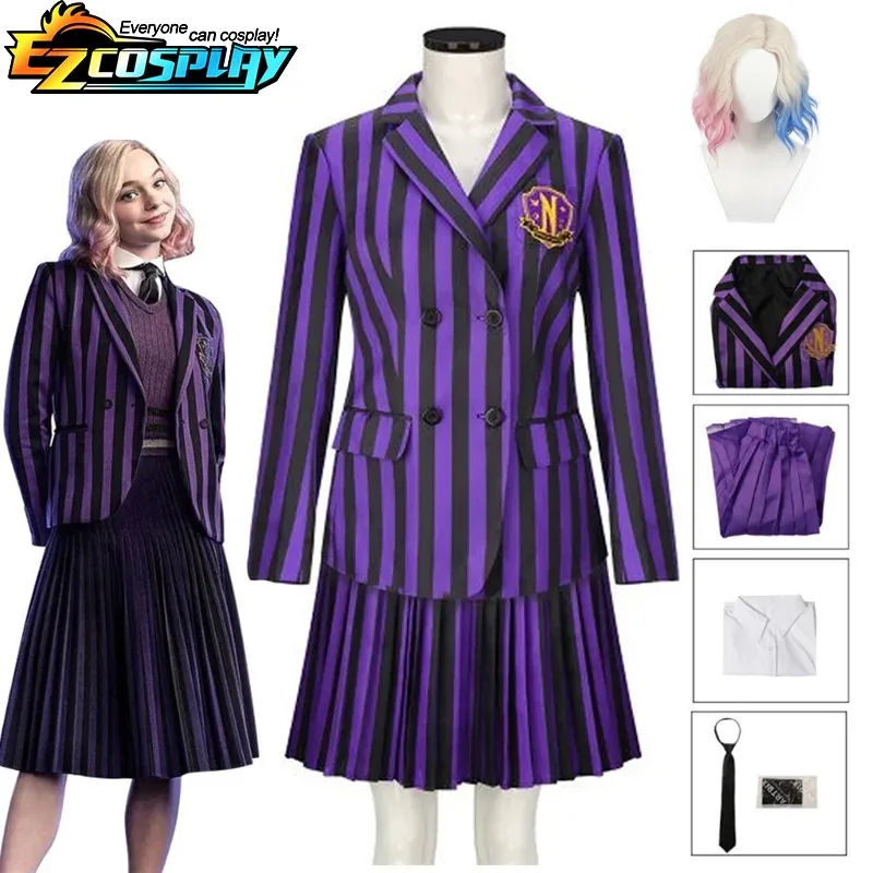 AA ★ Disfraz de Cosplay de COS Enid, uniforme escolar a rayas moradas, trajes para adultos, abrigo, camisa, falda, corbata, fiesta de Halloween, nuevo 2025