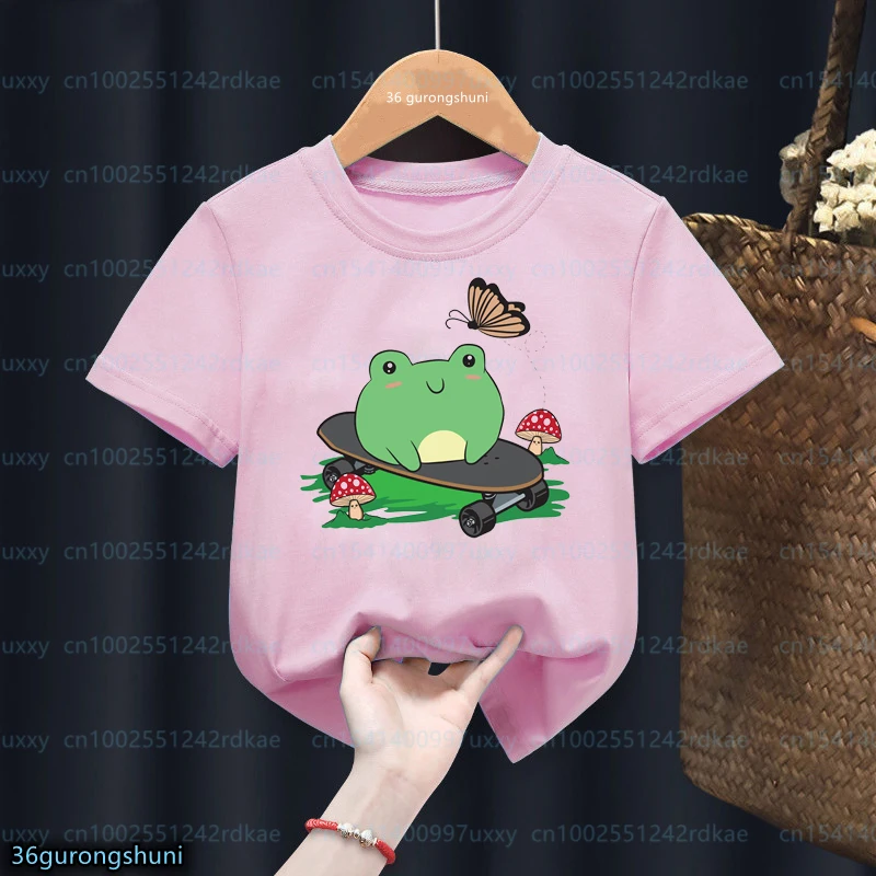 Kawaii Mädchen T-Shirts lustige Frosch Kuss Schmetterling Fahrt Kick Roller Cartoon Druck Kinder T-Shirt Mode Mädchen Kleidung rosa Hemd Top