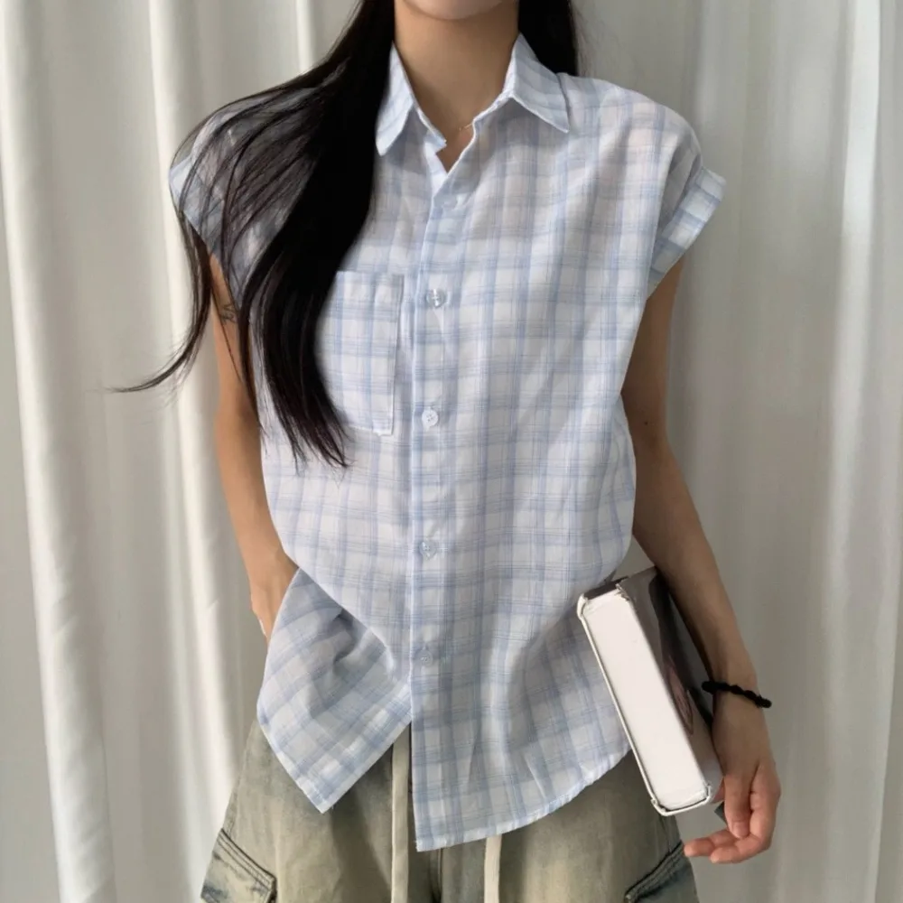 

Классическая клетчатая рубашка с коротким рукавом, женская повседневная рубашка с отложным воротником, дышащий полиэстер, летняя модная рубашка в гонконгском стиле