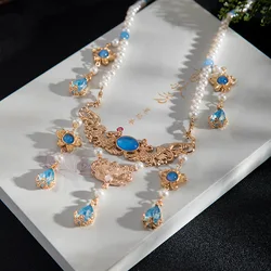 Ancient Pendant Necklace Chinese Hanfu Accessories Girls Pearl Blue Crystal Chain Necklace Ming Dynasty Costume Decor Jewelry