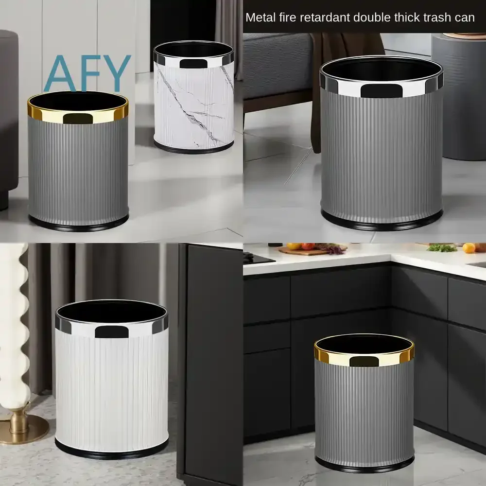 High-grade Leather Iron Baking Paint Double-Layer Trash Can for Home Living Room Office Kitchen Bathroom Bedroom Laundry Room