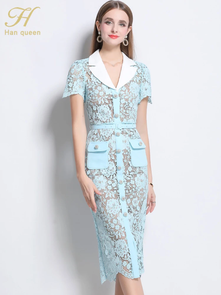 

H Han Queen Summer French style Retro Lapel Short sleeved Lace Long Dresses Single breasted Hollow Slim Sheeth Pencil Dress
