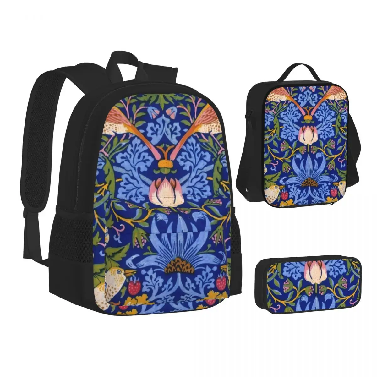

William Morris "The Strawberry Thief" Backpacks Boys Girls Bookbag School Bags Kids Rucksack Lunch Bag Pen Bag Three-Piece Set