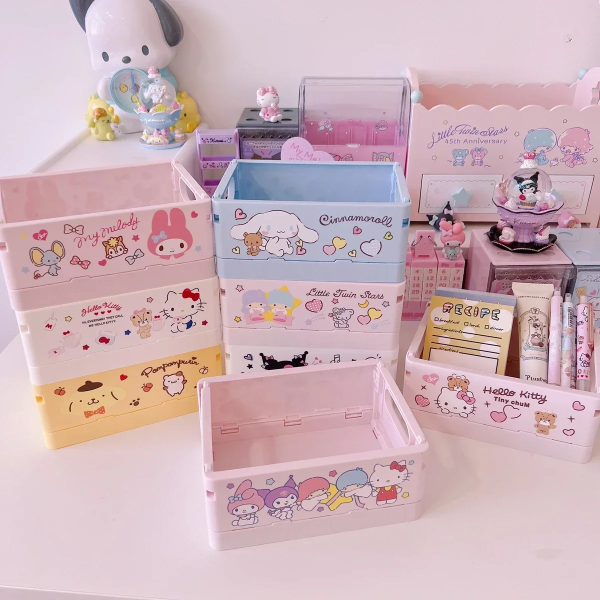 Sanrio Desktop Foldable Plastic Storage Box Organizer Melody Kuromi Cinnamoroll Girl Cartoon Sundries Storage Organizing Basket