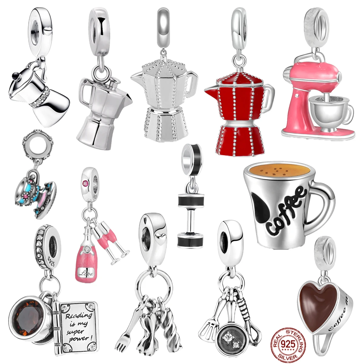 Hot Sale Coffee Pot Cup Dangle 925 Sterling Silver Spatula Frying Pan & Whisk Charm Beads Fit Original Pandora Bracelet Jewelry