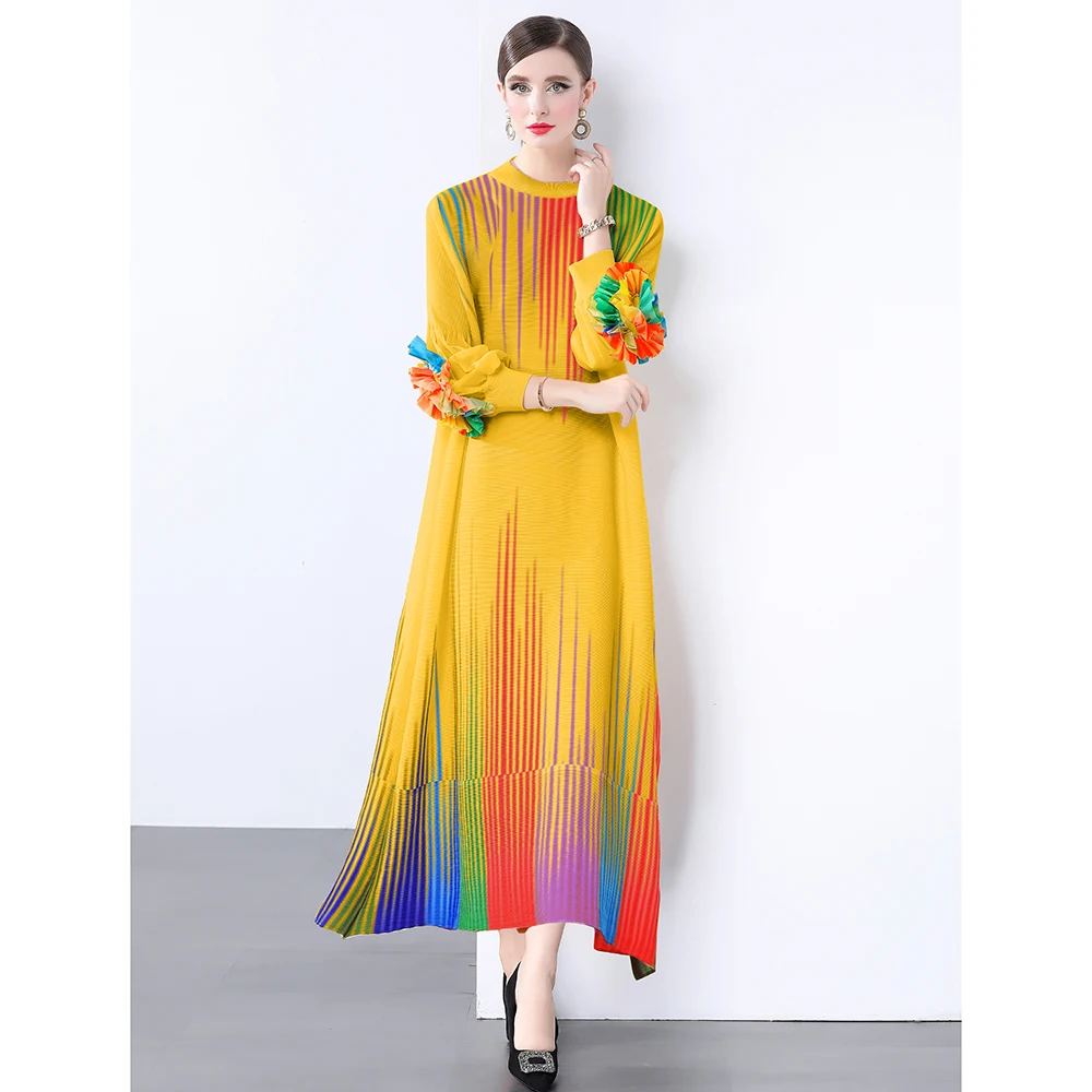 

Miyake Elegant Rainbow Striped Draped Pleated Dresses Women 3D Floral Spliced Sleeve High Stretch Loose Maxi Robe Party Clothing