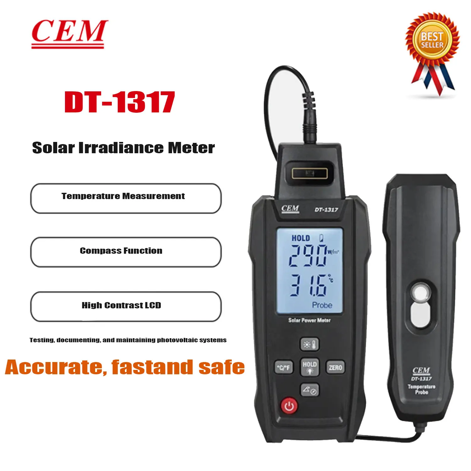 CEM DT-1317 Solar Irradiance Meter,High Accuracy Solar Energy Tools,Solar Tool, High Contrast LCD Solar Power Generation Meter.