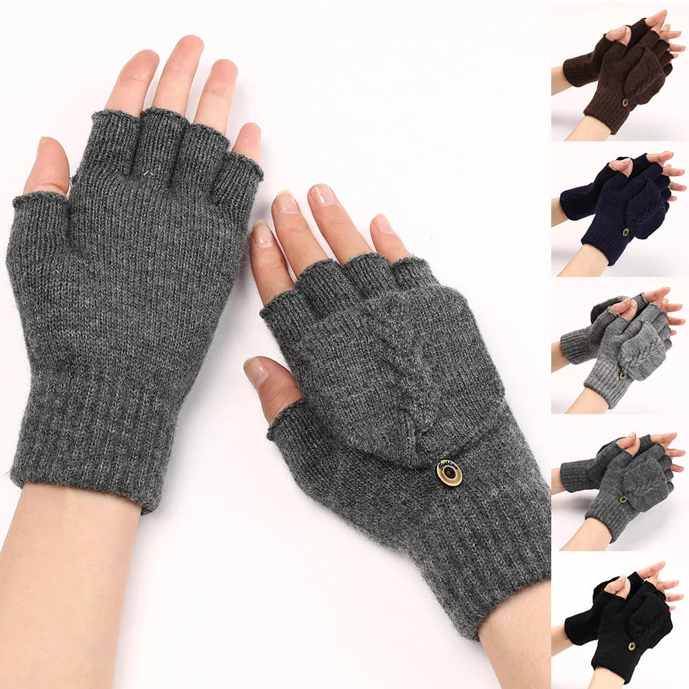 

Wool Knitted Fingerless Flip Gloves Winter Warm Flexible Touchscreen Gloves for Men Women Unisex Exposed Finger Mittens Glove