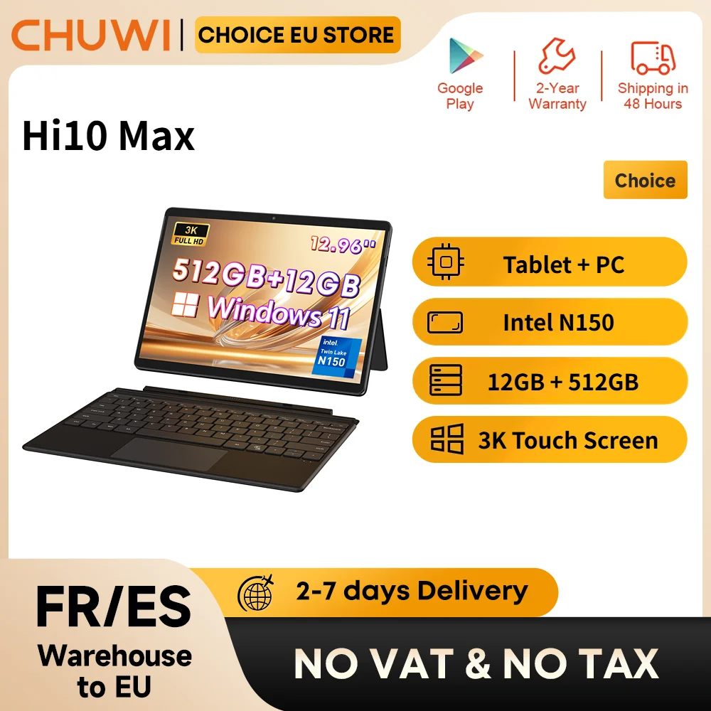 CHUWI Hi10 Max Tablet 2-in-1 Tablet PC 12.96'' 3K Scherm N150 Laptop 12GB RAM 512GB ROM Windows 11 Tablets 2.4G/5G WiFi