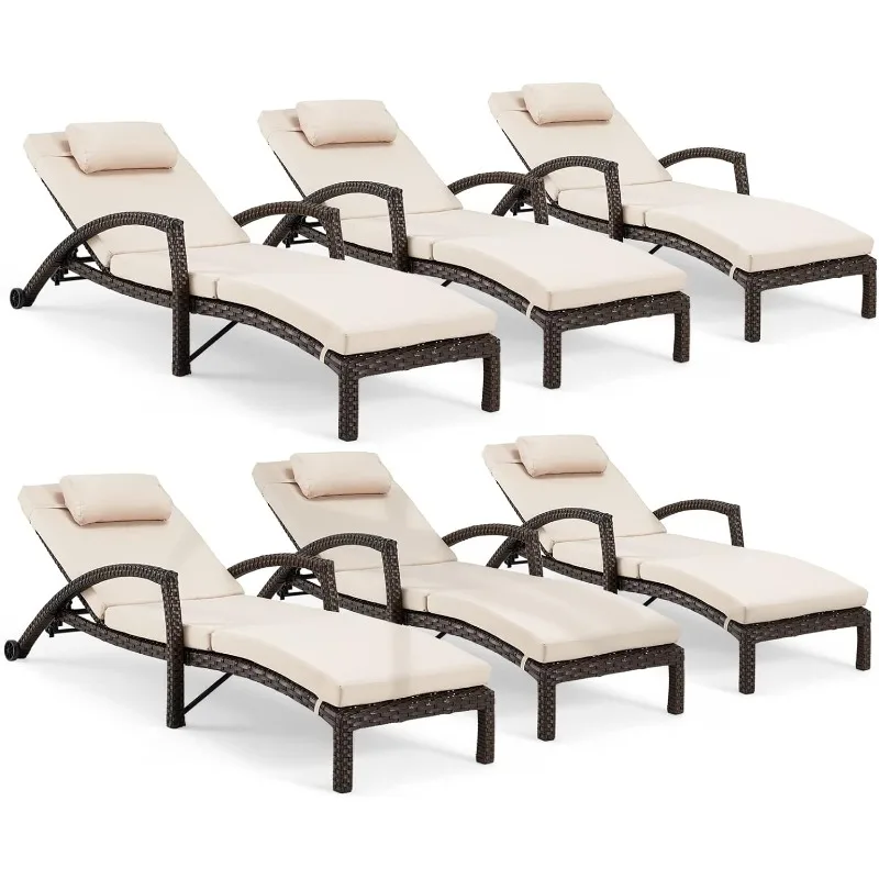 

Chaise Lounge Chairs Set of 6, PE Rattan Wicker Lounge Chair with Arm and Wheels for Poolside