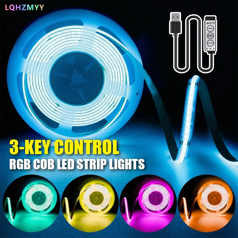 1 Rolle COB-LED-Streifen mit einstellbarer Lichtfarbe und Helligkeit, keine Lichtpunkte, Niederspannung 5V USB-Schnittstelle, RGB flexibler COB-Streifen mit einfachem Drei-Tasten-Bedienungsschalter,