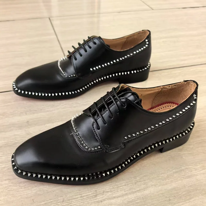 

Black Formal Shoes Man Rivet Shoes Luxury Genuine Leather Men's Dress Shoes Lace-up Derby Party And Banquet Shoes