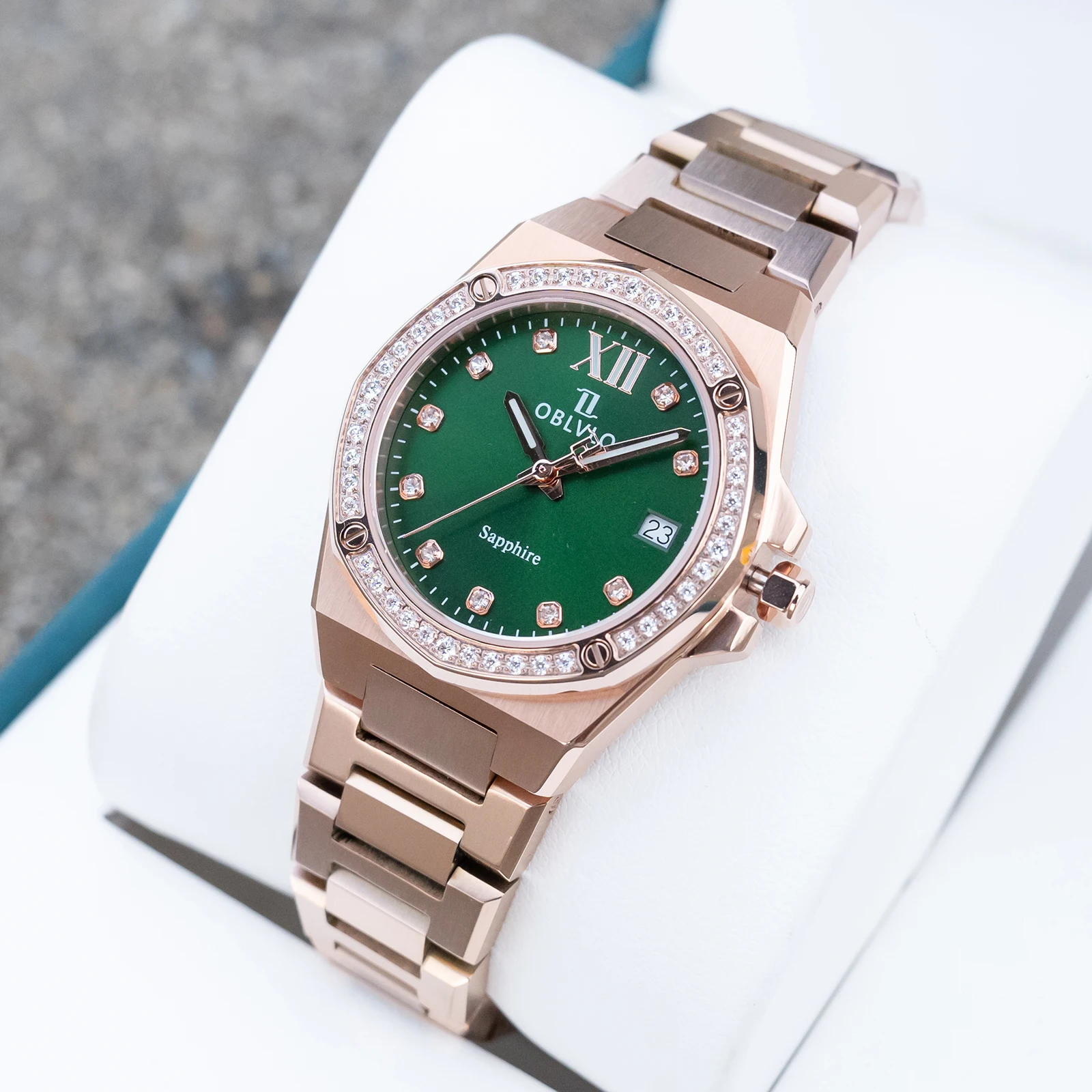 OBLVLO Rose Gold Green Dial Women's Dress Watch Swiss Quartz Movement Elegant Romantic Bracelet Band for Ladies AWS