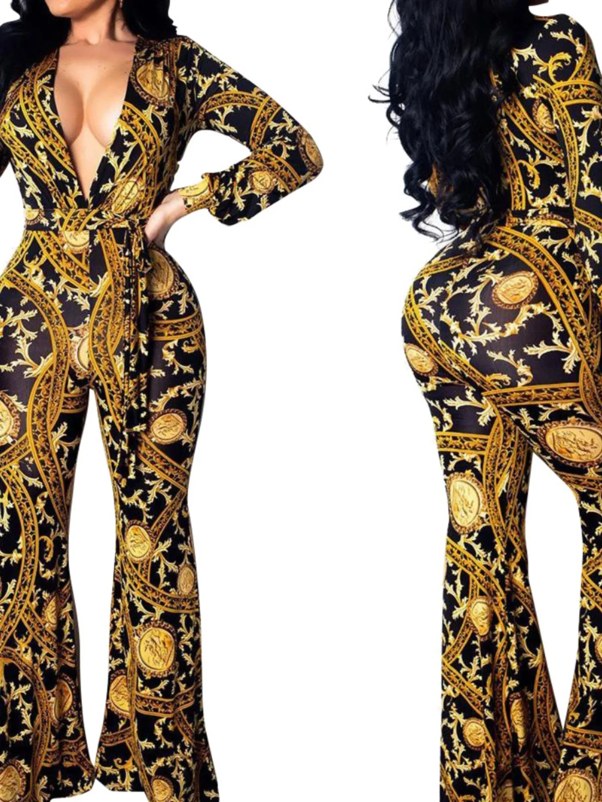

Сексуальный женский комбинезон с длинным рукавом, V-образным вырезом, цифровым принтом, высокой талией, широкими штанинами, повседневный, из смесового хлопка, зимний, модный
